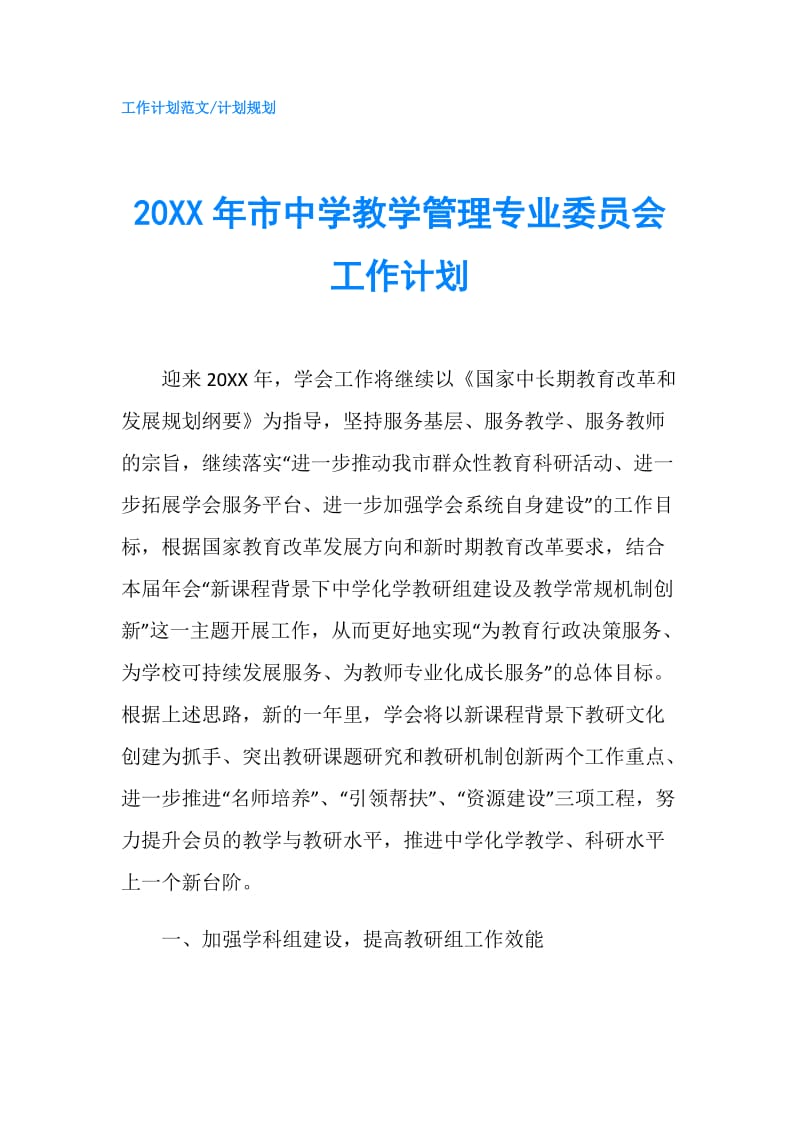 20XX年市中学教学管理专业委员会工作计划.doc_第1页