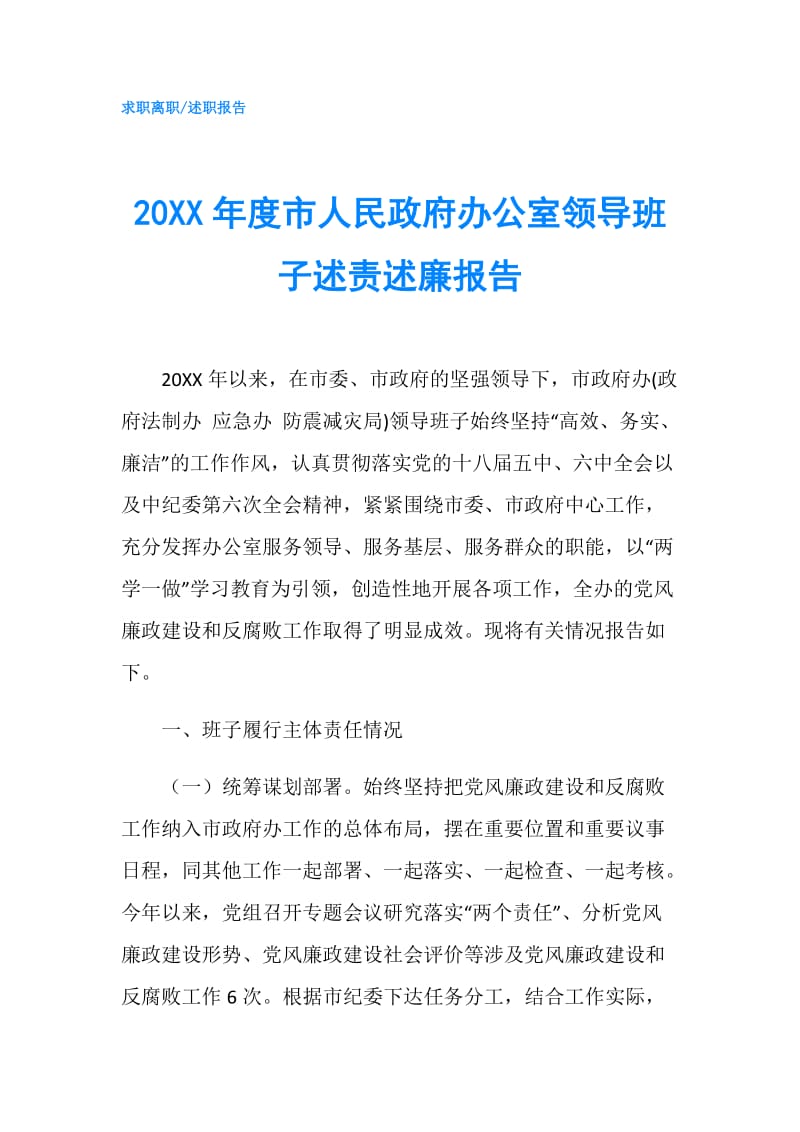 20XX年度市人民办公室领导班子述责述廉报告.doc_第1页