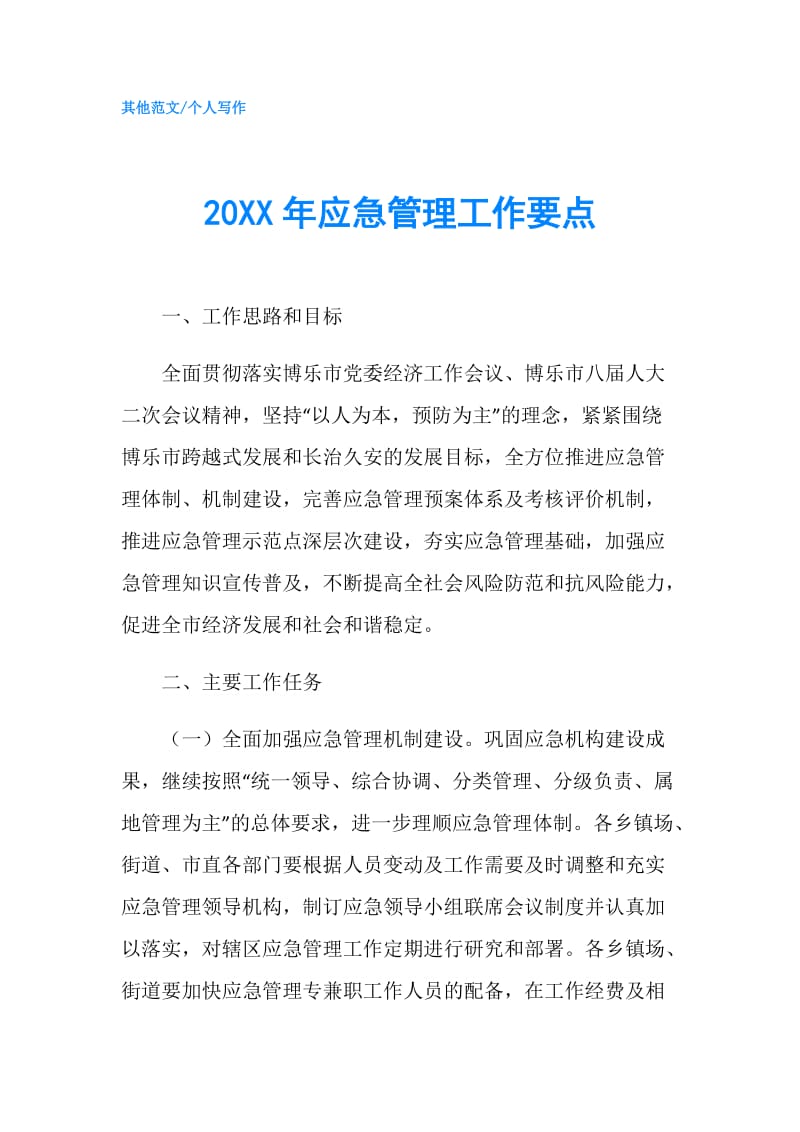 20XX年应急管理工作要点.doc_第1页