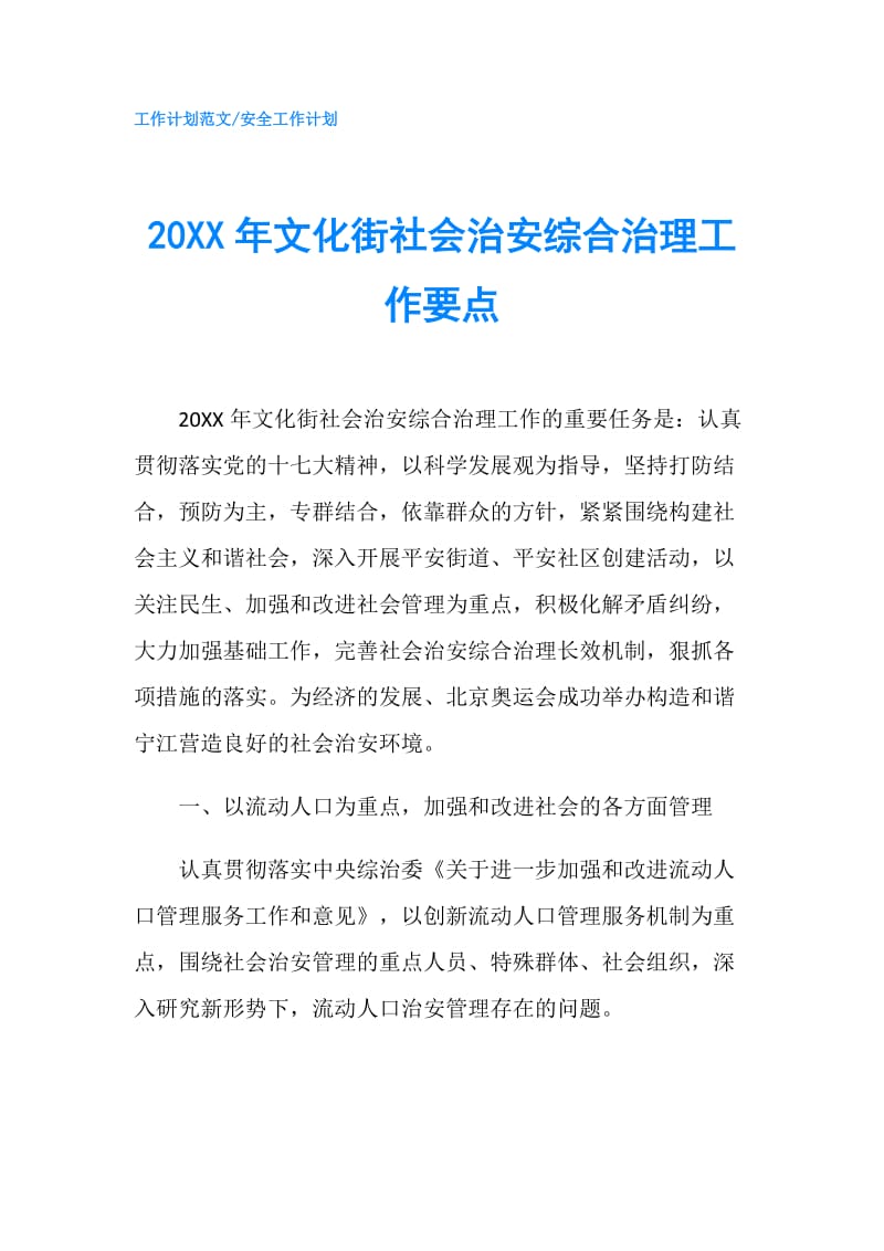 20XX年文化街社会治安综合治理工作要点.doc_第1页