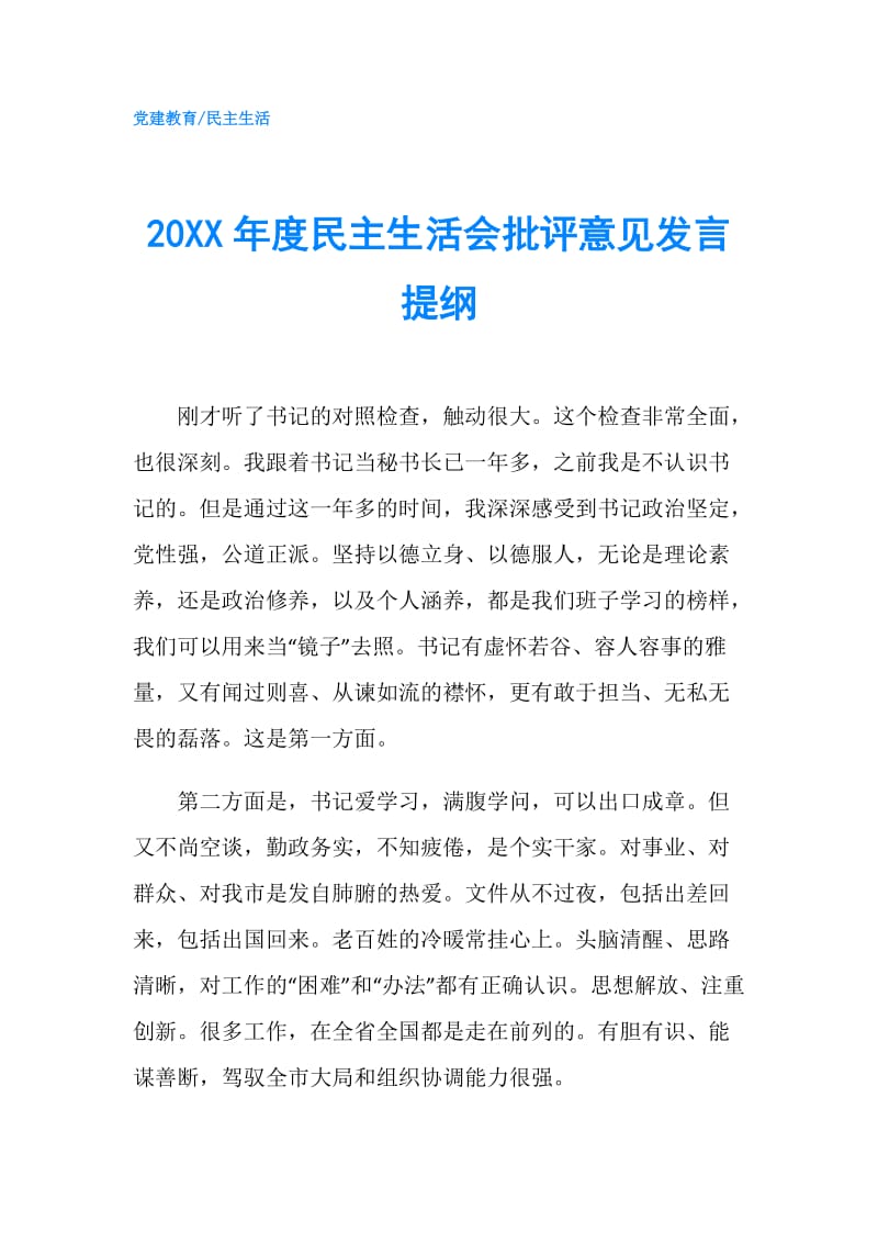 20XX年度民主生活会批评意见发言提纲.doc_第1页