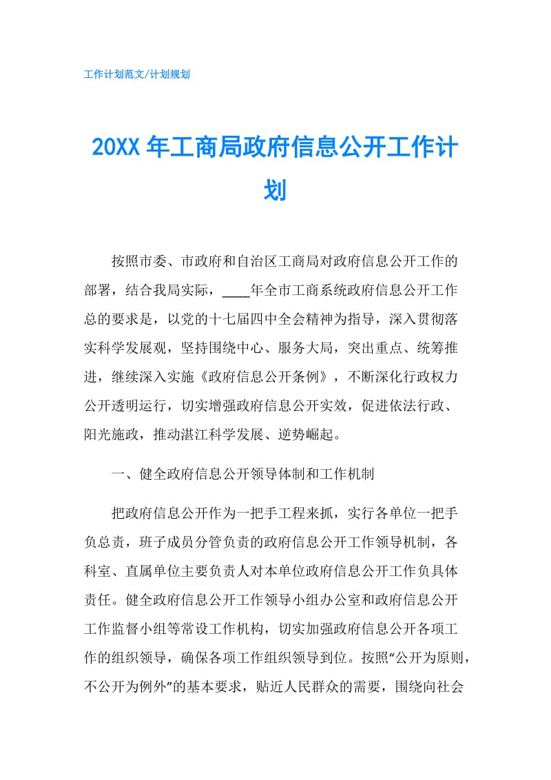 20XX年工商局信息公开工作计划.doc_第1页