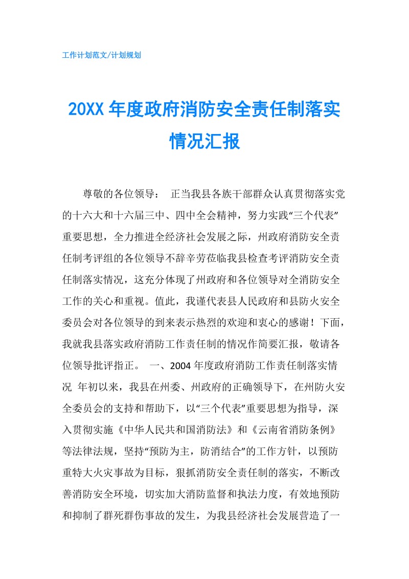 20XX年度消防安全责任制落实情况汇报.doc_第1页