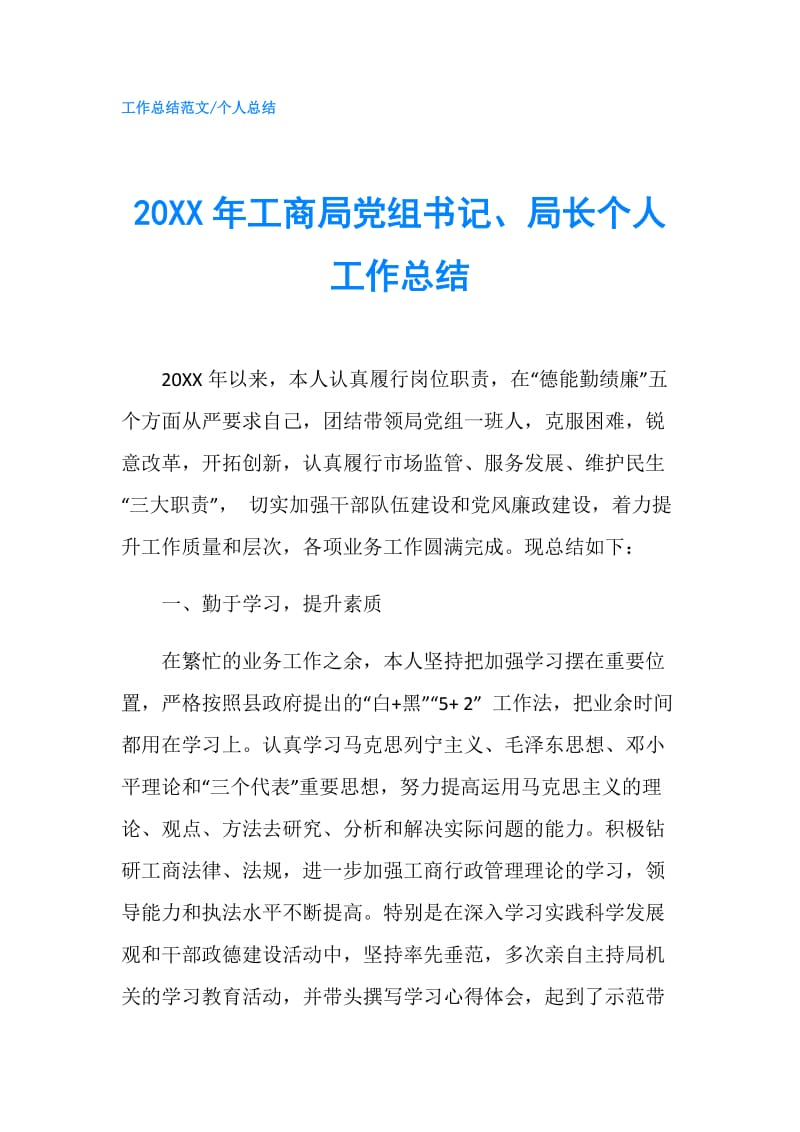 20XX年工商局党组书记、局长个人工作总结.doc_第1页