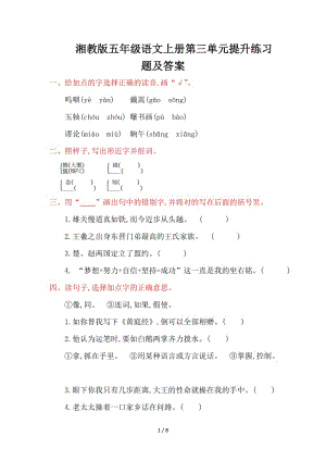 湘教版五年級(jí)語(yǔ)文上冊(cè)第三單元提升練習(xí)題及答案.doc