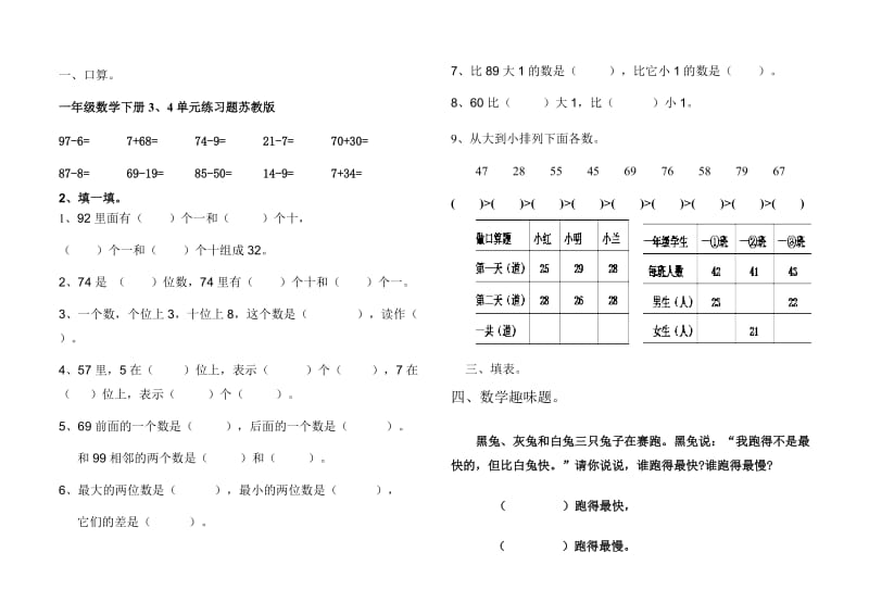 一年级数学下册3、4单元练习题苏教版.doc_第1页