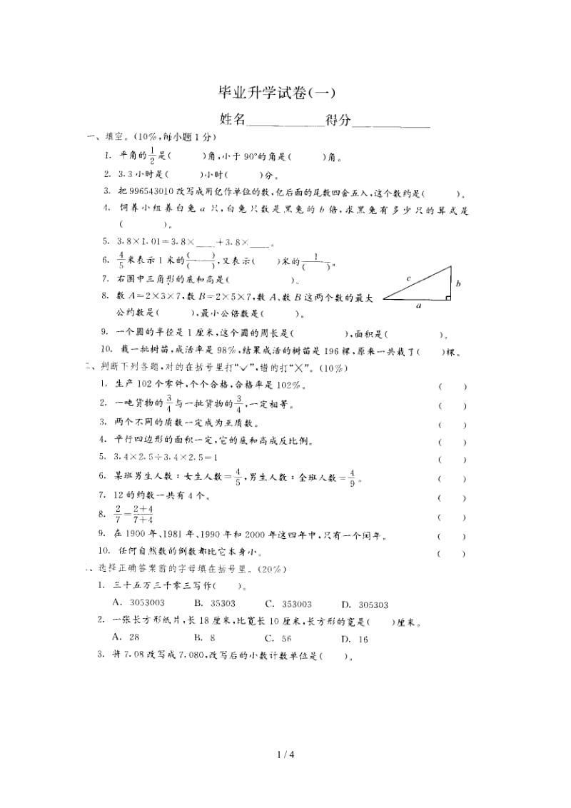 六年级毕业升学试卷01.doc_第1页