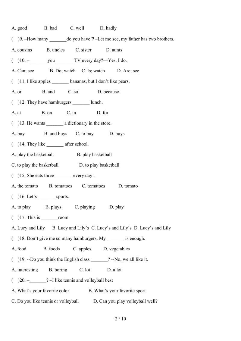 新人教版七年级上册英语期末试卷(含答案).doc_第2页