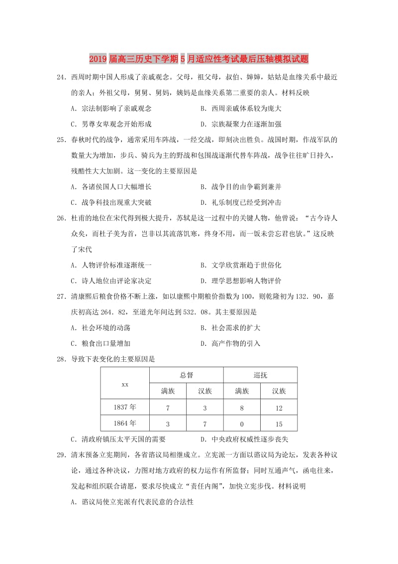 2019届高三历史下学期5月适应性考试最后压轴模拟试题.doc_第1页