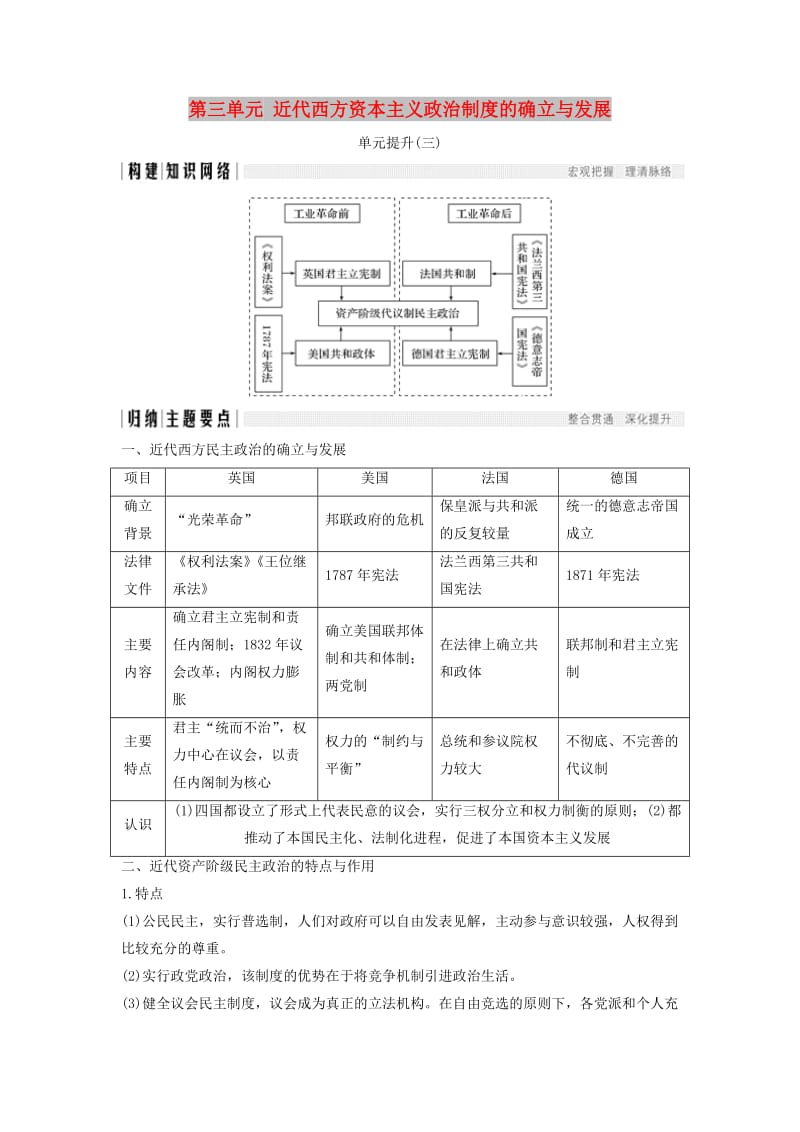 2018年秋高中历史 第三单元 近代西方资本主义政治制度的确立与发展单元提升学案 新人教版必修1.doc_第1页