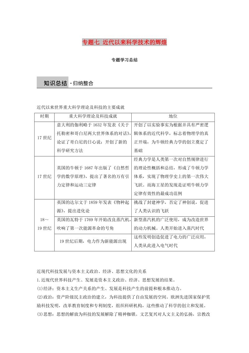 2018-2019学年高中历史 专题七 近代以来科学技术的辉煌学习总结学案 人民版必修3.doc_第1页