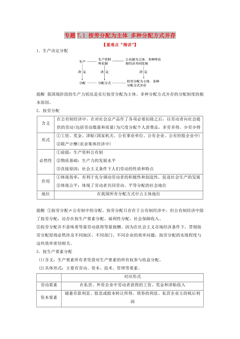 2018-2019学年高中政治 专题7.1 按劳分配为主体 多种分配方式并存（讲）（提升版）新人教版必修1.doc_第1页