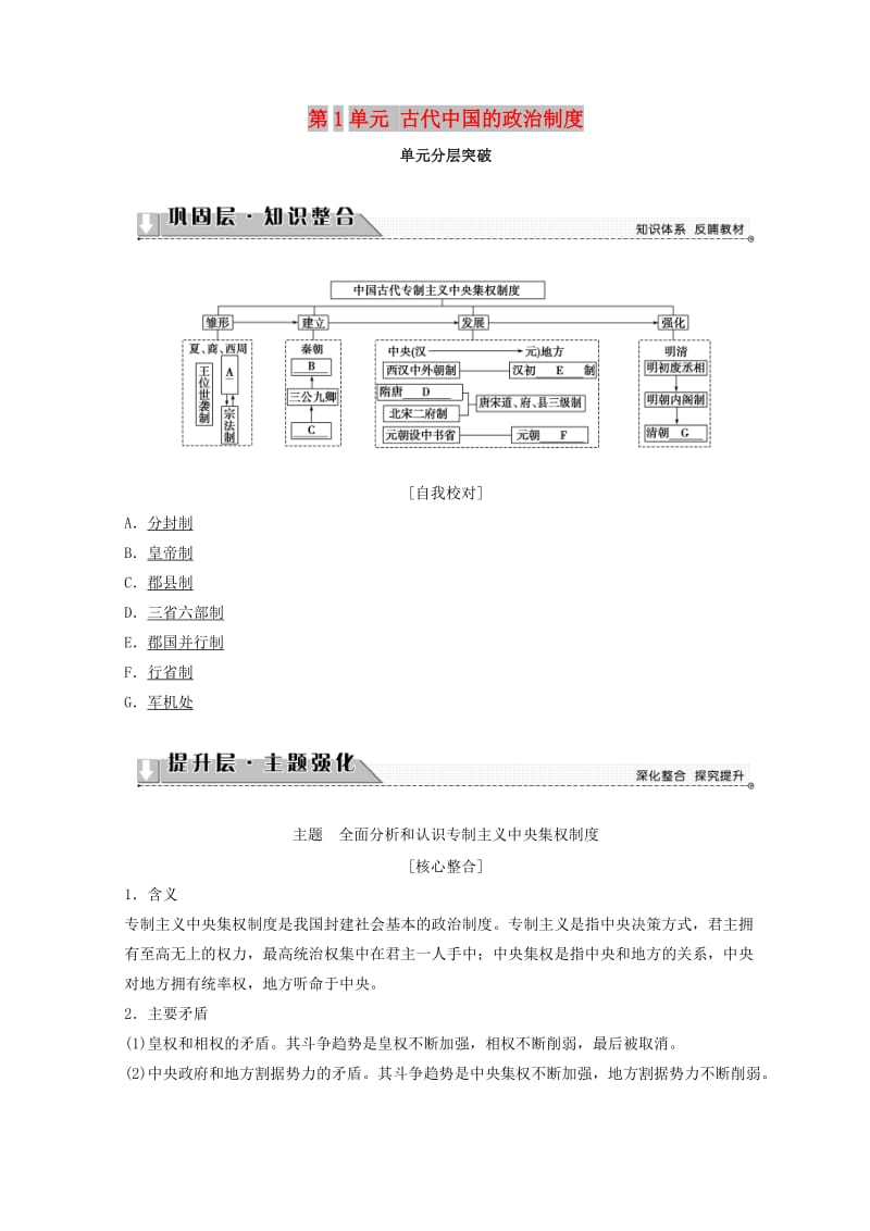 2018秋高中历史 第1单元 古代中国的政治制度单元分层突破学案 北师大版必修1.doc_第1页