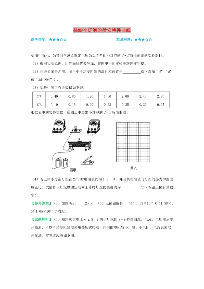 2018-2019学年高中物理（课堂同步系列一）每日一题 描绘小灯泡的伏安特性曲线（含解析）新人教版选修3-1.doc_第1页