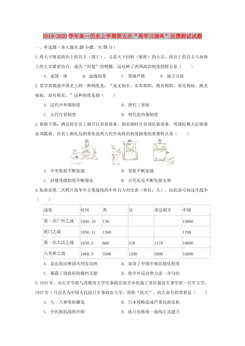 2019-2020学年高一历史上学期第五次“周学习清单”反馈测试试题.doc_第1页