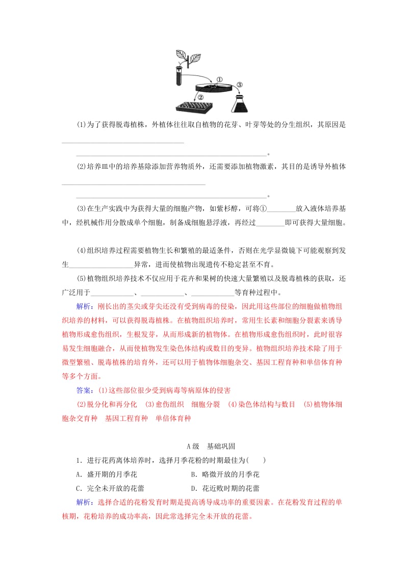 2018-2019学年高中生物 专题3 植物的组织培养技术 课题2 月季的花药培养练习 新人教版选修1 .doc_第2页