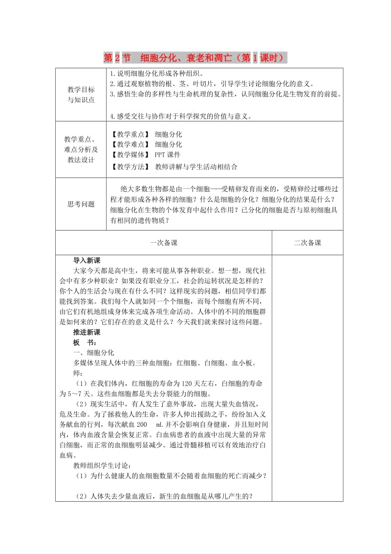 2018-2019学年高中生物 第五章 细胞增殖、分化、衰老和凋亡 第2节 细胞分化、衰老和凋亡 第1课时教案 苏教版必修1.doc_第1页