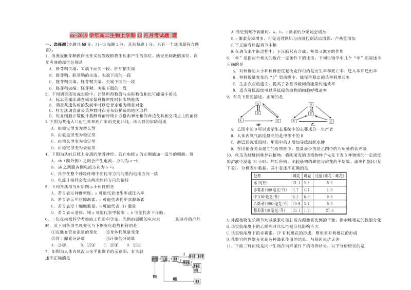 2018-2019学年高二生物上学期12月月考试题 理.doc_第1页