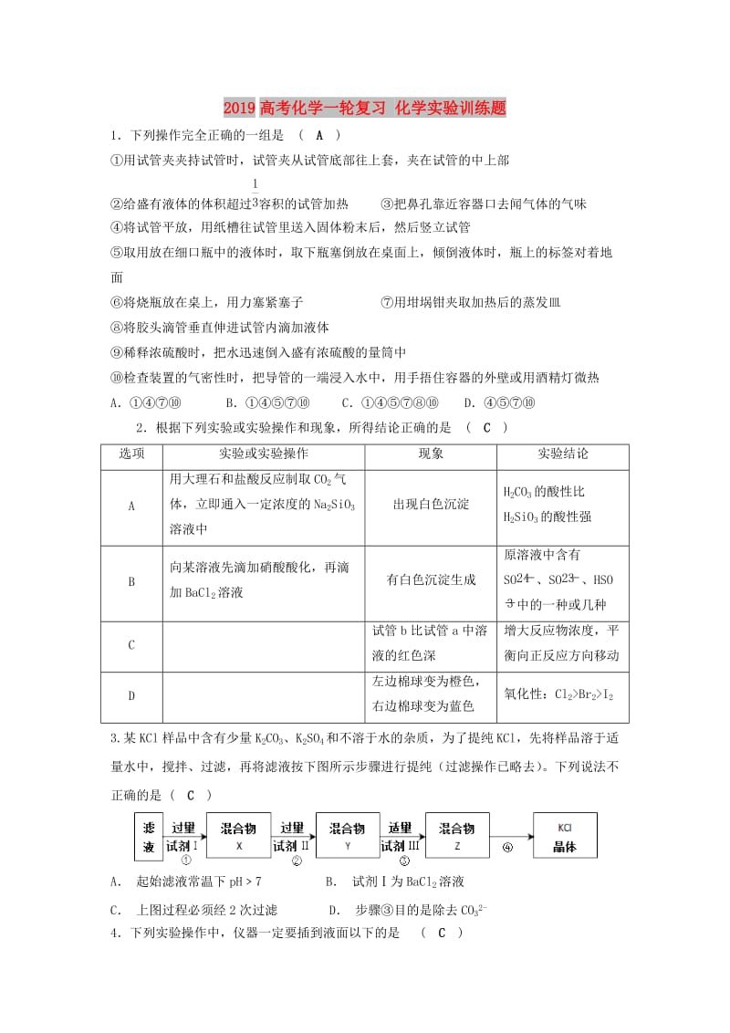 2019高考化学一轮复习 化学实验训练题.doc_第1页