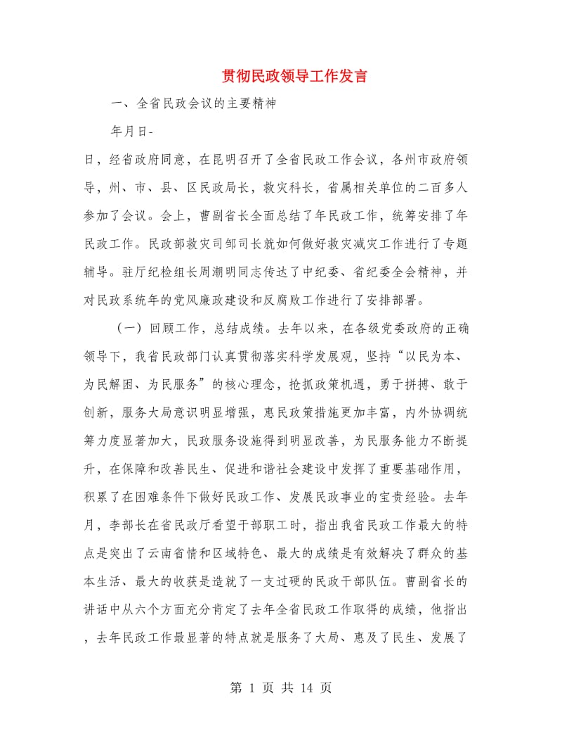 贯彻民政领导工作发言.doc_第1页