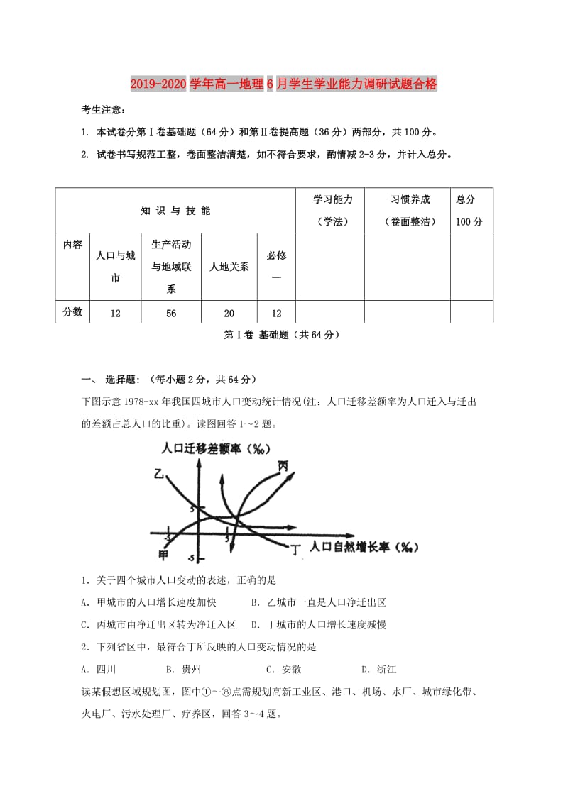 2019-2020学年高一地理6月学生学业能力调研试题合格.doc_第1页