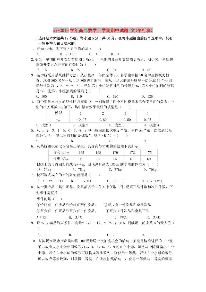 2018-2019学年高二数学上学期期中试题 文(平行班).doc_第1页
