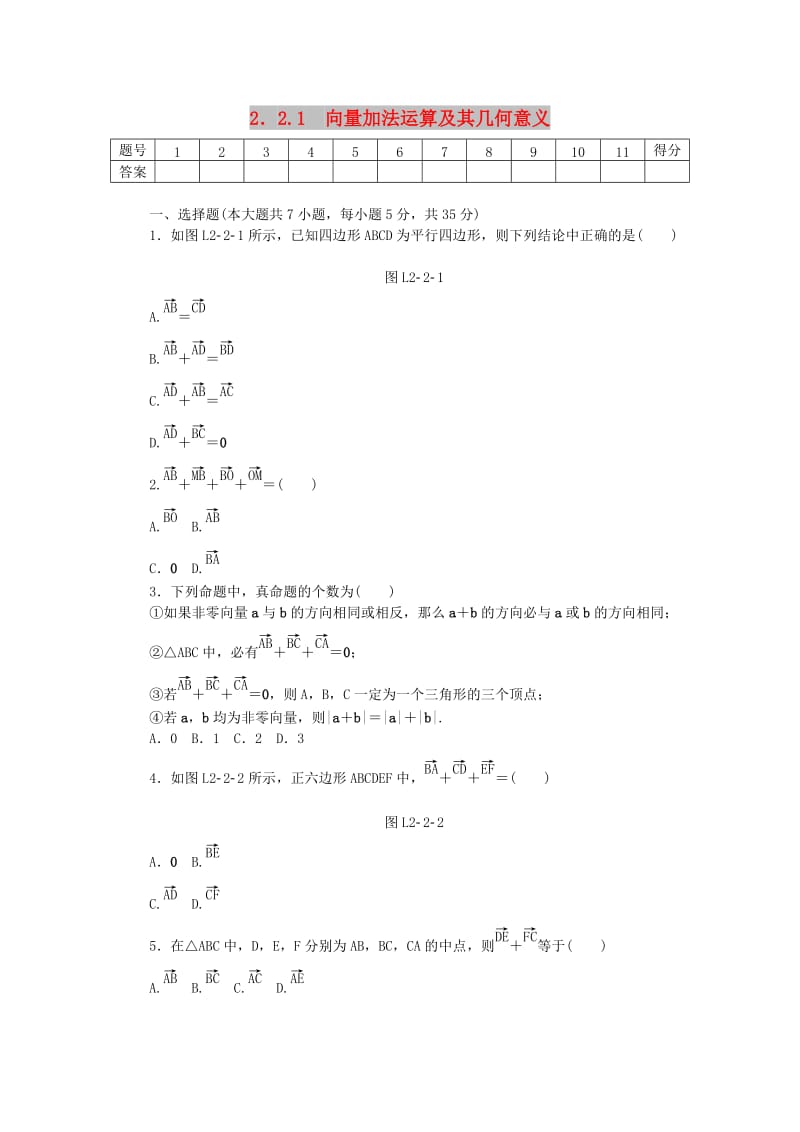 2017-2018学年高中数学 第二章 平面向量 2.2.1 向量加法运算及其几何意义练习 新人教A版必修4.doc_第1页