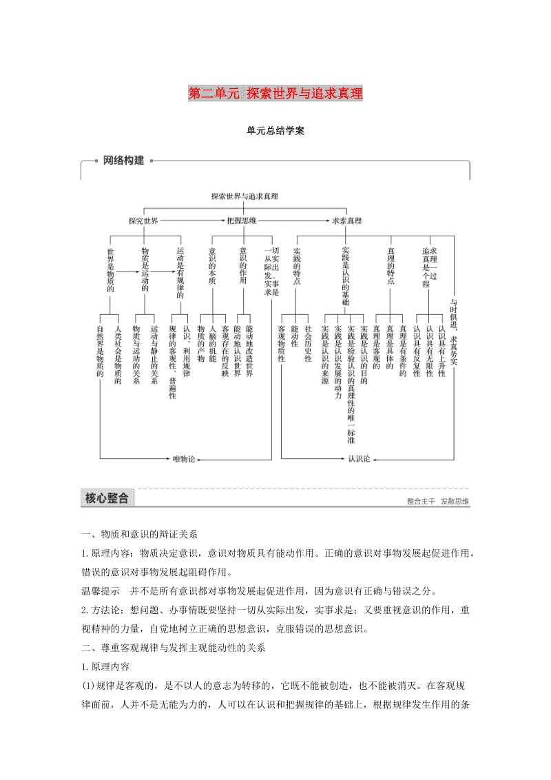 2017-2018学年高中政治 第二单元 探索世界与追求真理单元总结学案 新人教版必修4.doc_第1页