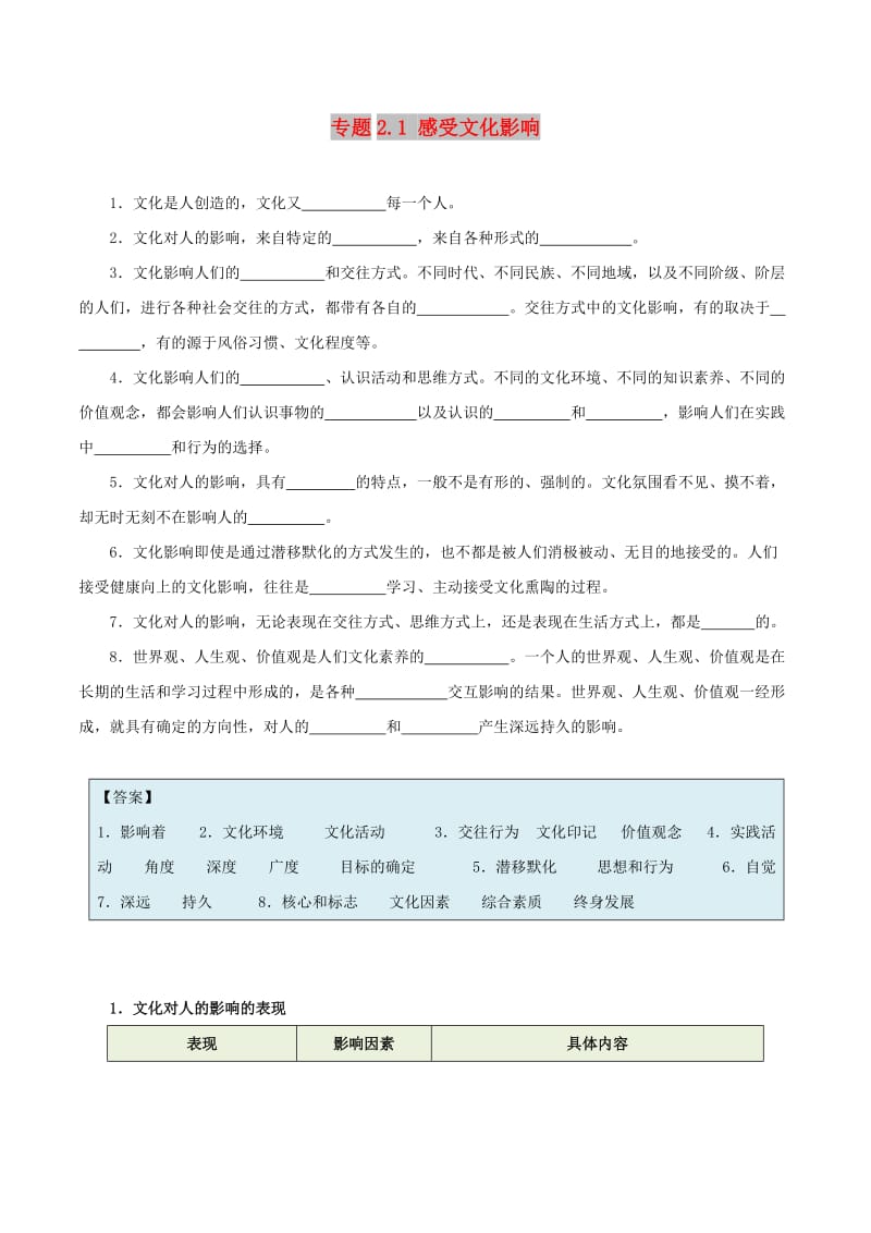 2018-2019学年高中政治 专题2.1 感受文化影响（含解析）新人教版必修3.doc_第1页