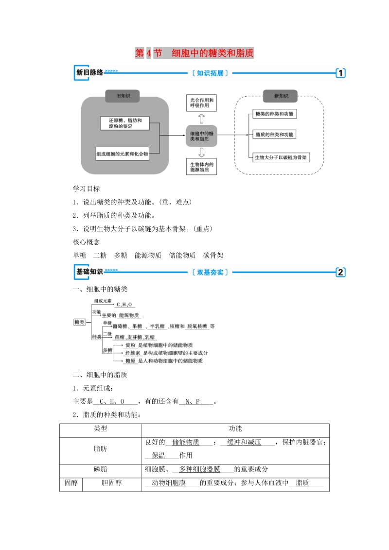 2018年秋高中生物 第二章 组成细胞的分子 第4节 细胞中的糖类和脂质学案 新人教版必修1.doc_第1页