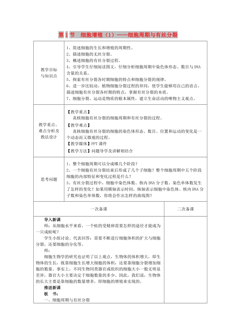 2018-2019学年高中生物 第五章 细胞增殖、分化、衰老和凋亡 第1节 细胞增殖 第1课时教案 苏教版必修1.doc_第1页