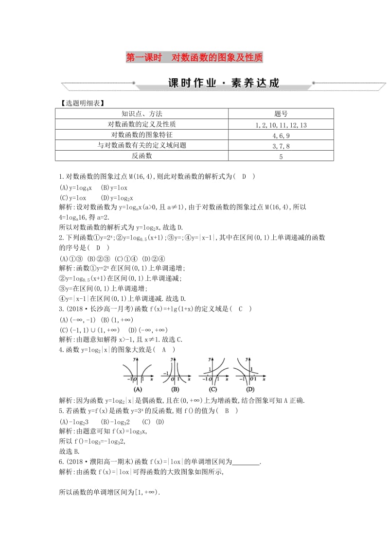 2018-2019学年高中数学 第二章 基本初等函数（Ⅰ）2.2.2 对数函数及其性质 第一课时 对数函数的图象及性质练习 新人教A版必修1.doc_第1页