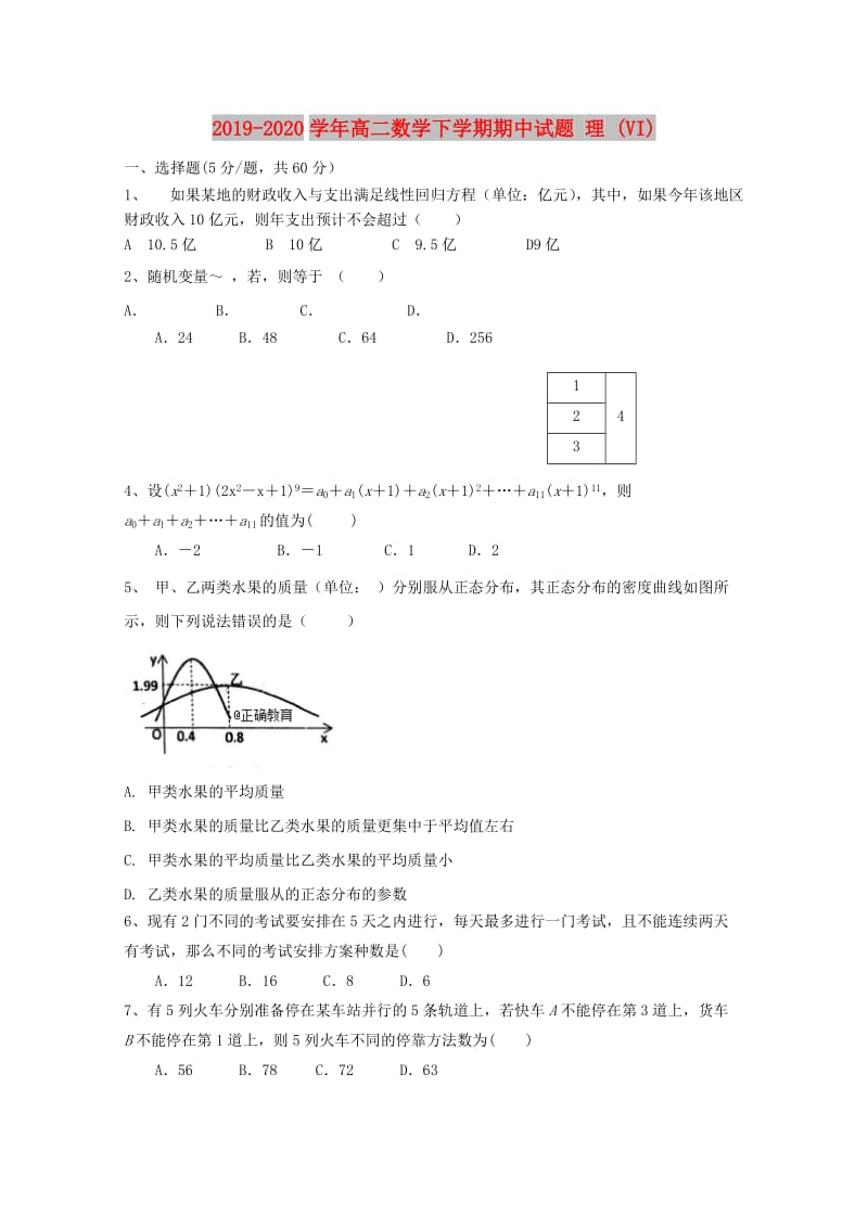 2019-2020学年高二数学下学期期中试题 理 (VI).doc_第1页