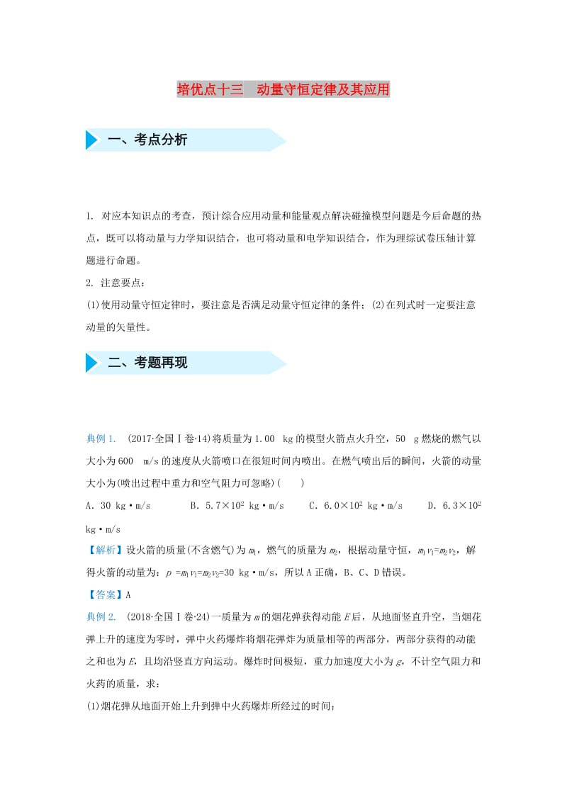 2019届高考物理 专题十三 动量守恒定律及其应用精准培优专练.doc_第1页