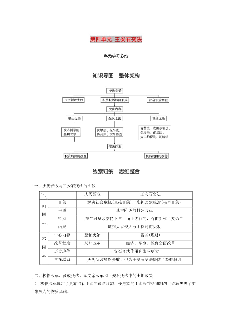 2017-2018学年高中历史 第四单元 王安石变法单元学习总结教学案 新人教版选修1 .doc_第1页