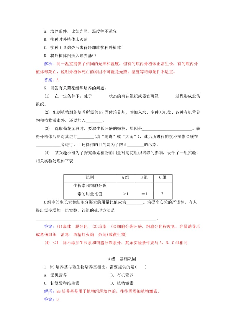 2018-2019学年高中生物 专题3 植物的组织培养技术 课题1 菊花的组织培养练习 新人教版选修1 .doc_第2页