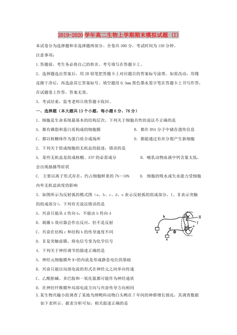 2019-2020学年高二生物上学期期末模拟试题 (I).doc_第1页