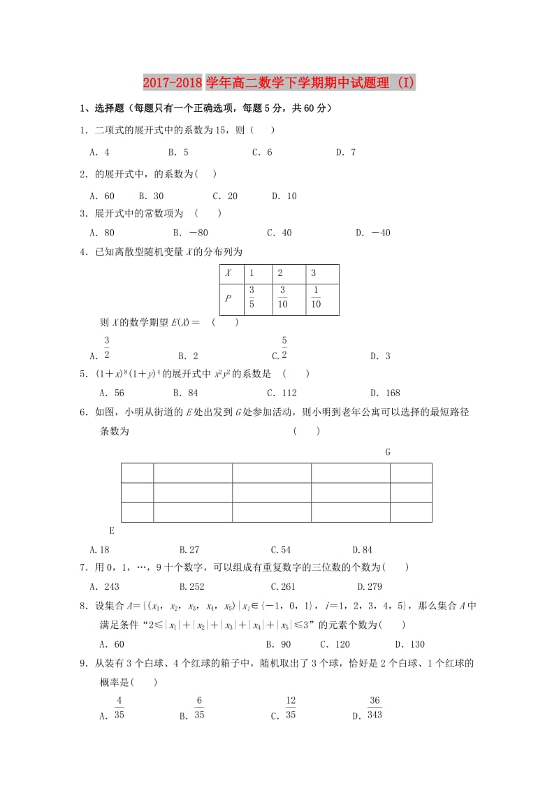 2017-2018学年高二数学下学期期中试题理 (I).doc_第1页