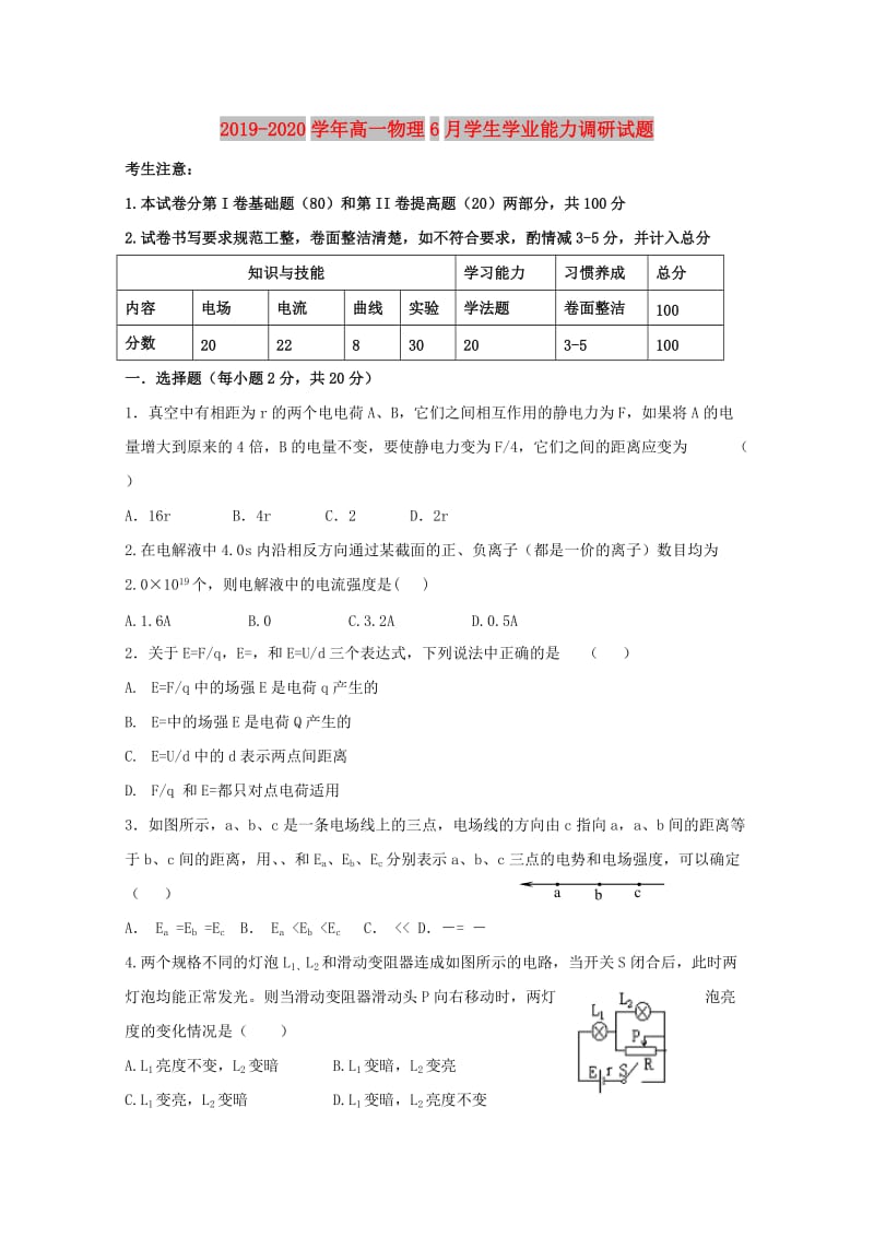 2019-2020学年高一物理6月学生学业能力调研试题.doc_第1页