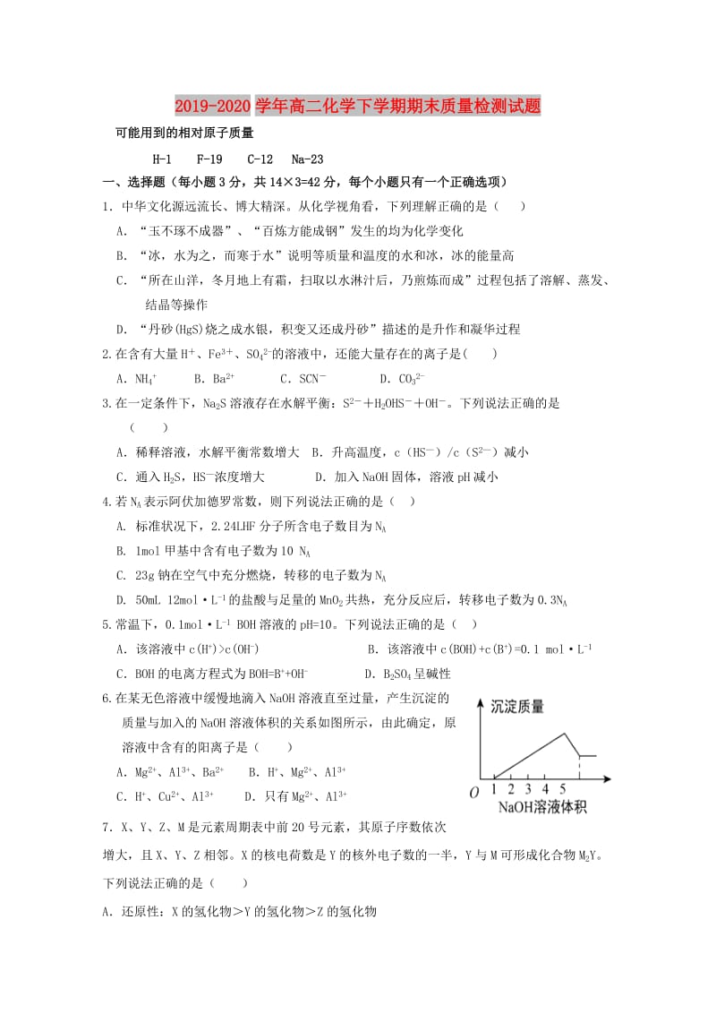 2019-2020学年高二化学下学期期末质量检测试题.doc_第1页