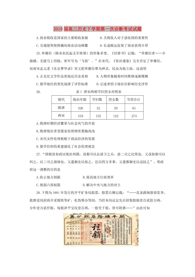 2019届高三历史下学期第一次诊断考试试题.doc_第1页