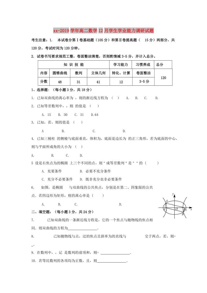 2018-2019学年高二数学12月学生学业能力调研试题.doc_第1页