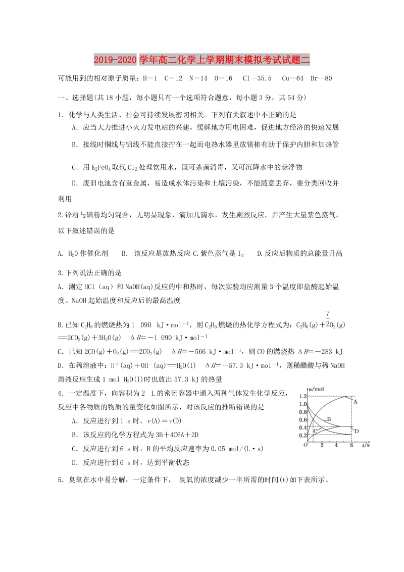 2019-2020学年高二化学上学期期末模拟考试试题二.doc_第1页