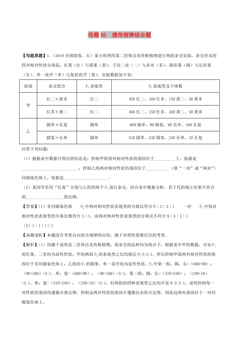 2018年高考生物 母题题源系列 专题06 遗传规律综合题.doc_第1页