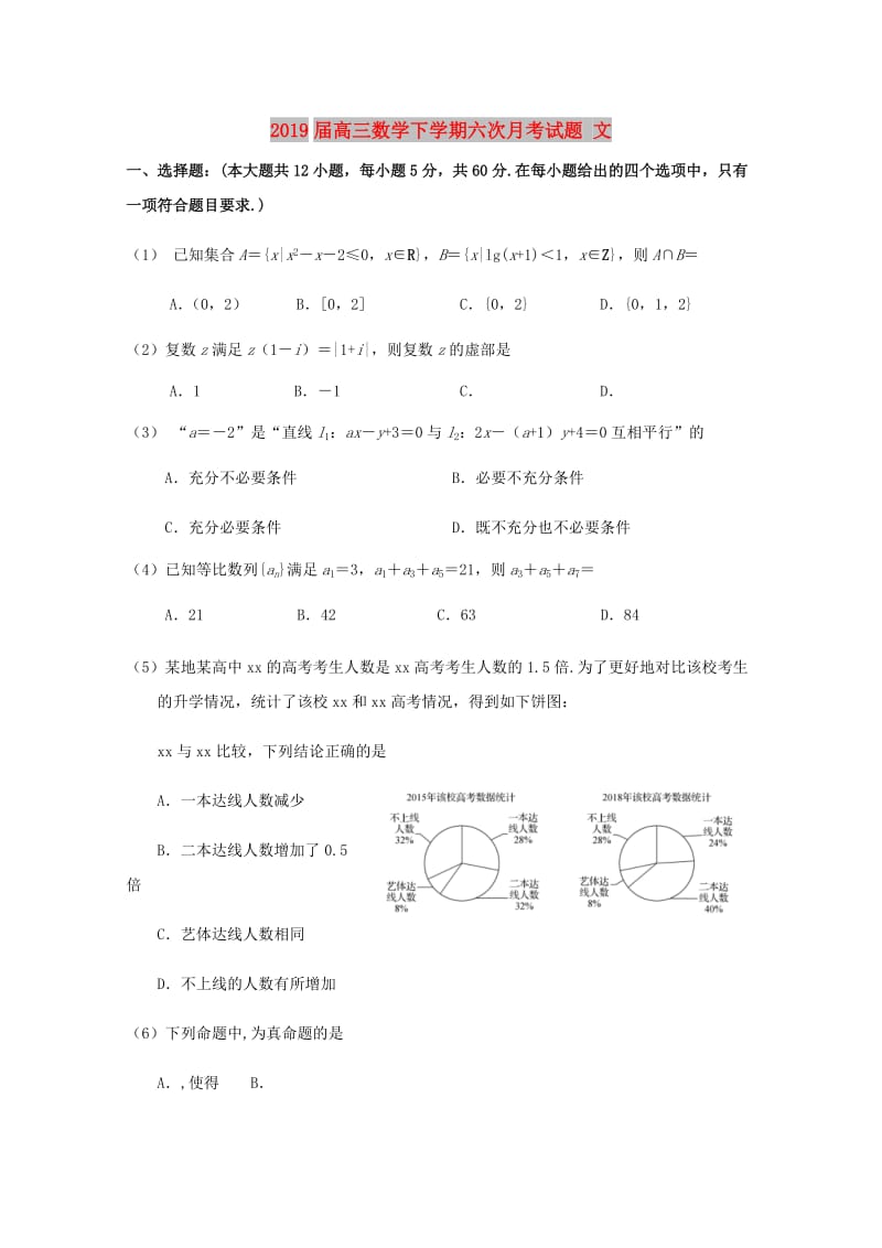 2019届高三数学下学期六次月考试题 文.doc_第1页