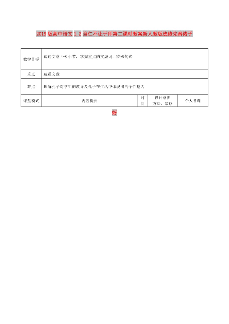 2019版高中语文1.2当仁不让于师第二课时教案新人教版选修先秦诸子蚜.doc_第1页