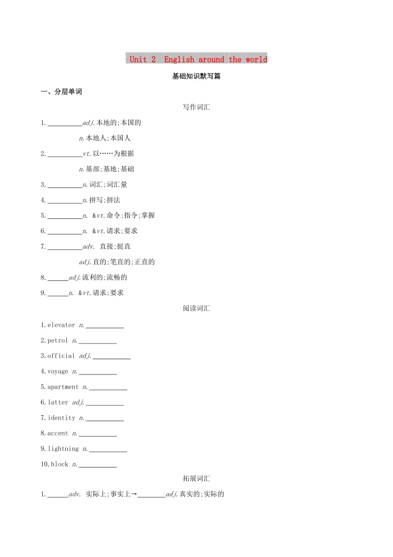 2019版高考英语一轮复习Unit2Englisharoundtheworld词汇训练新人教版必修1 .doc_第1页