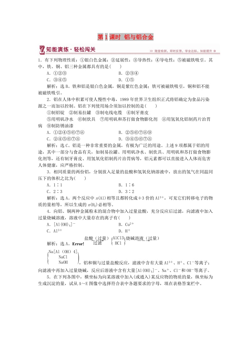 2018-2019学年高中化学 第4章 材料家族中的元素 第2节 铝 金属材料 第1课时 铝与铝合金作业2 鲁科版必修1.doc_第1页