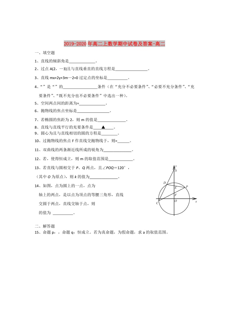 2019-2020年高二上数学期中试卷及答案-高二.doc_第1页