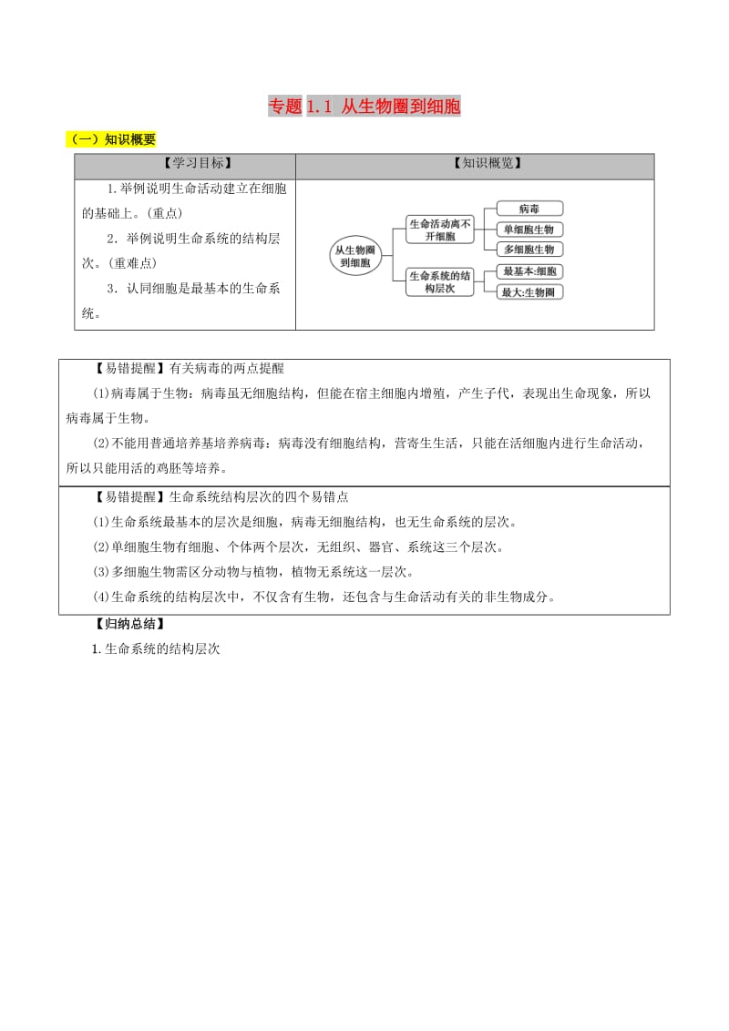 2018-2019学年高中生物 第01章 走近细胞 专题1.1 从生物圈到细胞学案 新人教版必修1.doc_第1页